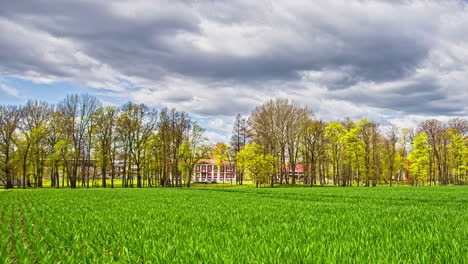 field-of-high-green-grass-in-time-lapse-footage-features-a-big-house-surrounded-by-tall-trees-and-a-cloudy-sky