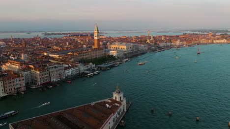 Aerial-View-Of-Grand-Canal-And-Waterfront-Architectural-Landmarks-In-Venice,-Italy