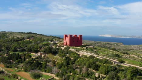 Saint-Agatha's-Tower,-Large-Bastioned-Watchtower-In-Mellieha,-Malta---aerial-drone-shot