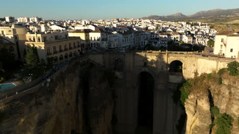 Puente-Nuevo-In-Ronda,-Andalusia,-Spain-At-Sunset---aerial-drone-shot