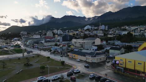 Aerial-Drone-Above-Patagonian-City-of-Ushuaia-Dreamy-Southernmost-Landscape-in-Argentina,-South-America-Beautiful-Blue-Clear-Skyline