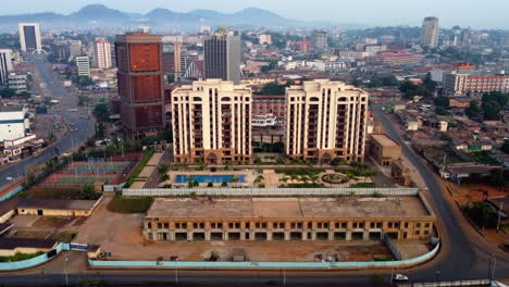 Drone-shot-approaching-deluxe-residence,-in-sunny-Yaounde,-Cameroon,-Africa