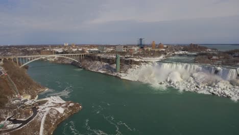 Aerial-pull-out-of-Niagara-Falls,-Rainbow-Bridge-and-city-in-winter