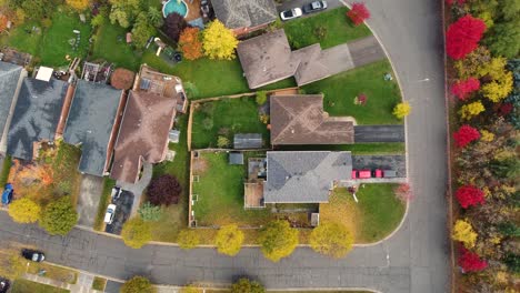 Colorful-Suburban-housing-ascending-birds'-eye-aerial-in-fall