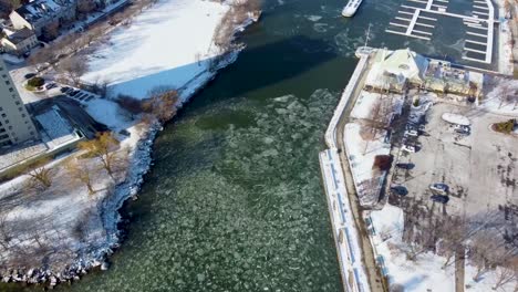 Top-down-aerial-shot-of-an-icy-harbor-in-Mississauga