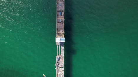 A-top-down-view-over-a-wooden-pier-in-the-ocean-in-Fort-Lauderdale,-Florida-on-a-sunny-day