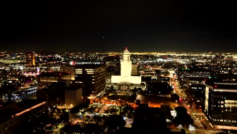 Aerial-view-Los-Angeles-City-Hall-at-night