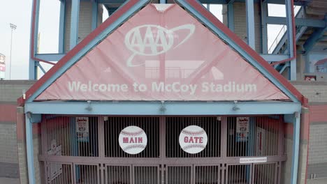 McCoy-Stadium-in-Pawtucket-Rhode-Island,-starting-on-entrance-then-rising,-aerial