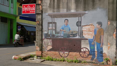 Arte-Mural-De-Un-Vendedor-Que-Vende-Comida-Callejera-A-Clientes-En-Asia