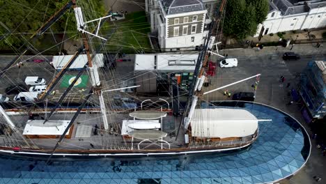 Aerial-topview-of-tourist-museum-Cutty-Sark,-London,-United-Kingdom