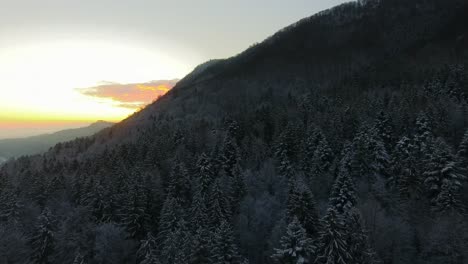 Sonnenaufgang-über-Schneebedeckten-Bäumen-In-Pohorje-Sloweniens-Alpiner-Wildlandschaft,-Malerischer-Drohnenblick,-Skireisen-Und-Tourismusziel
