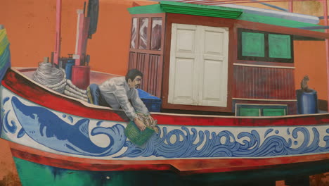 Pescador-Pescando-En-El-Barco,-Arte-Mural-En-Tailandia
