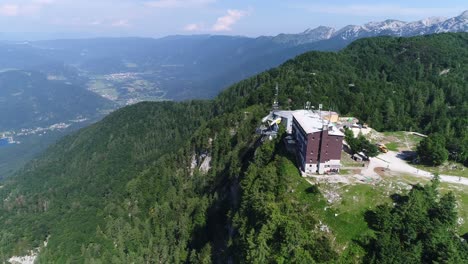 Vogel-Mountain-Ski-Center-Aerial-Drone-View-in-Julian-Alps-Slovenia,-Establishing-Shot-around-European-Mountain-Forest-Landscape