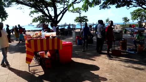 Lokale-Tansanische-Menschen-An-Imbissständen-Im-Park-Nähern-Sich-Touristen,-Um-Typische-Lebensmittel-Zu-Verkaufen