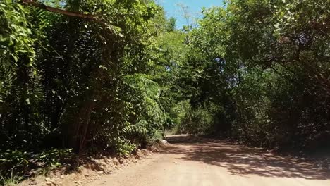 Slow-motion-shot-moving-down-a-winding-small-dirt-road-surrounded-by-tropical-plants-and-trees-in-the-small-town-of-Canguaretama-near-Tibau-do-Sul-and-Natal-in-Rio-Grande-do-Norte,-Brazil