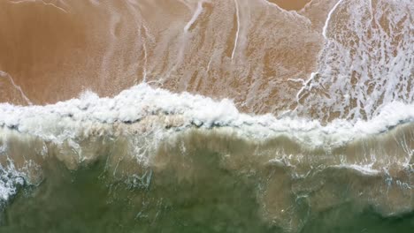Close-up-bird's-eye-aerial-shot-of-the-tropical-Rio-Grande-do-Norte,-Brazil-coastline-with-golden-sand,-turquoise-clear-water-and-waves-crashing-on-shore-in-between-Baia-Formosa-and-Barra-de-Cunha?