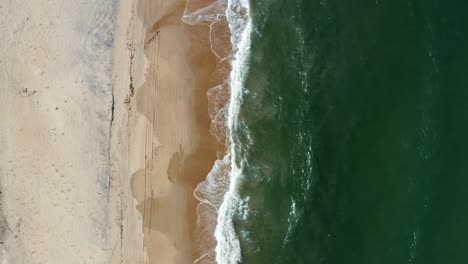 Vertical-bird's-eye-aerial-shot-of-the-tropical-Rio-Grande-do-Norte,-Brazil-coastline-with-golden-sand,-turquoise-clear-water-and-waves-crashing-on-shore-in-between-Baia-Formosa-and-Barra-de-Cunha?