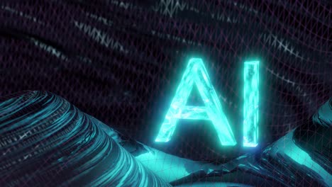 Glowing-blue-AI-letters-spinning-with-dark-background,-motion-graphics