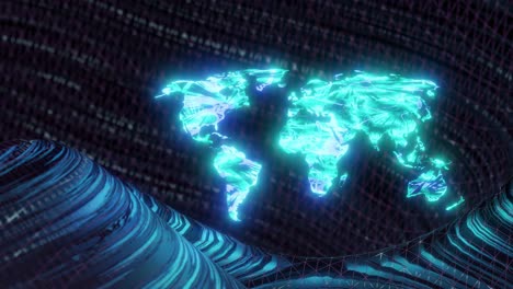 Glowing-blue-world-map-with-wavy-dark-background,-motion-graphics