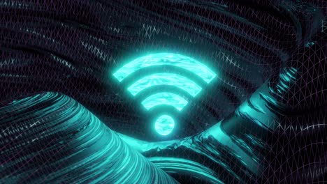 Glowing-blue-wifi-symbol-with-dark-wavy-background,-motion-graphics