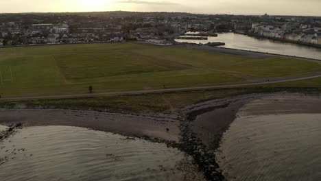 Aerial-view-of-South-Park-during-golden-hour-in-Claddagh,-Galway,-Ireland