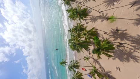 Fpv-flight-over-palm-trees,-golden-beach-and-Caribbean-sea-with-anchored-ship-during-sunny-day---PLAYA-LOS-COQUITOS,-MARIA-TRINIDAD-SANCHEZ