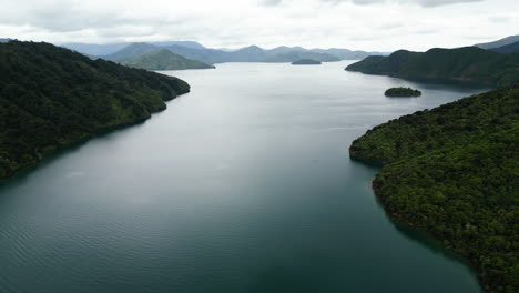 Aerial-view-of-the-Picton-Fjord-channel-on-the-South-Island-New-Zealand-on-a-cloudy-day