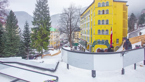 Making-ski-and-snowboarding-course-in-Bad-Gastein,-Austria-for-Red-Bull-Playstreets-events---time-lapse