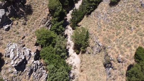 High-Angle-Aerial-View-of-Hikers-Walking-in-Narrow-Trail-in-Gorge