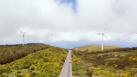 Aerial-tracking-of-electric-car-drive-on-lush-green-straight-road-with-wind-turbine,-Madeira