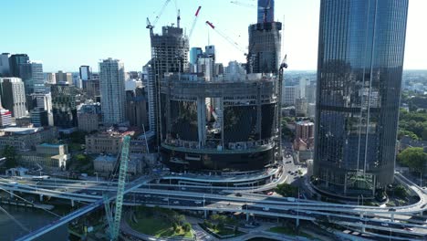 Drone-orbiting-shot-of-Brisbane's-Queens-Wharf-Casino-development