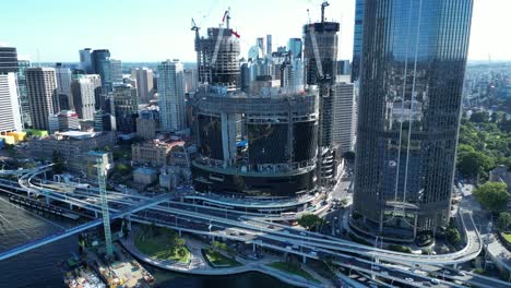 Stationary-aerial-shot-of-Brisbane's-Queens-Wharf-Casino-development