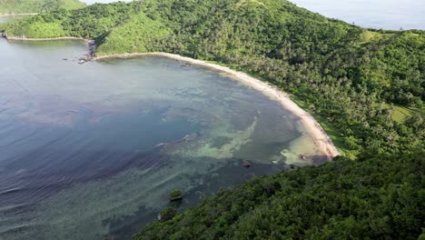 Breathtaking-Aerial-View-of-pristine,-white-sand-beach-and-turquoise-ocean-bay-facing-the-lush-jungles-of-Bato,-Catanduanes