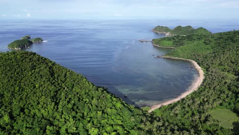 A-stunning-aerial-footage-of-a-forested-Philippine-island-with-breathtaking-bays,-beaches,-and-ocean-views,-perfect-for-travel-video's