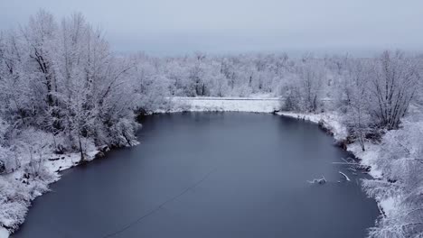 Drohnenaufnahmen-Eines-Mit-Eis-Bedeckten-Teichs,-Umgeben-Von-Schneebedeckten-Bäumen