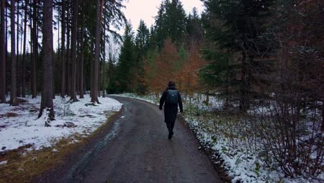 Man-is-walking-on-the-road-in-a-black-jacket-in-the-forest-with-a-backpack