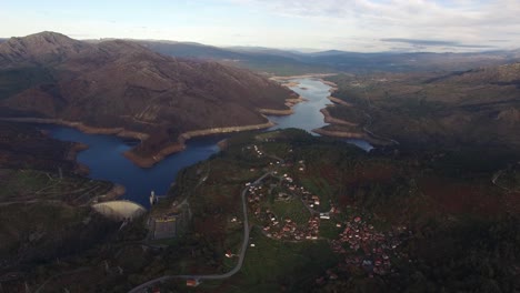 Flying-Over-Beautiful-Village-of-Lindoso-and-Hydroelectric-Power-Dam