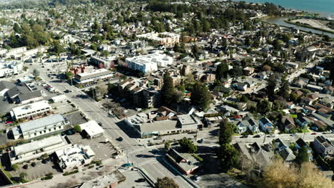 Drone-view-of-downtown-Santa-Cruz,-California
