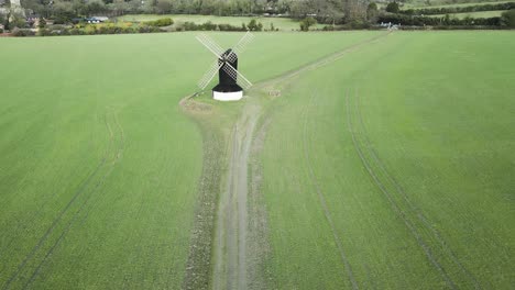 Famous-Ancient-Pitstone-Windmill-in-Buckinghamshire-Farmland-Field,-UK---Aerial