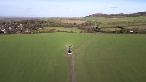 Scenic-Landmark-of-Pitstone-Windmill-in-England,-UK---Aerial-Drone-View