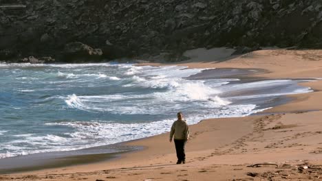 Person-walking-dog-along-beach-at-high-tide-in-Menorca,-Spain