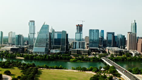Drone-view-of-downtown-Austin,-TX
