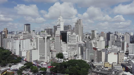 Aerial-view-around-a-dense-cityscape-of-tall-buildings-in-sunny-Sao-Paulo,-Brazil