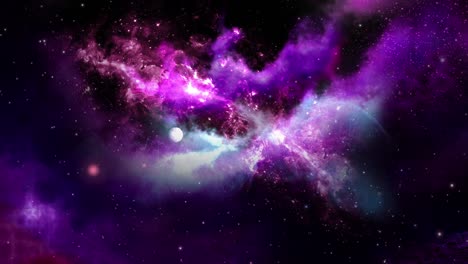 Colorful-animation-of-flying-through-outer-space,-moving-through-galaxies-and-stars