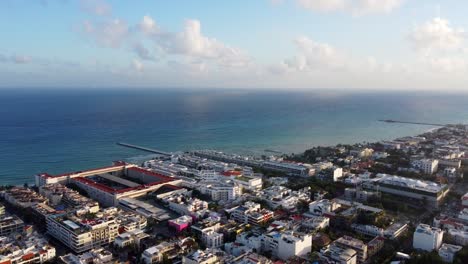 Aerial-Shot-Of-Playa-Del-Carmen-Magnificent-Seafront-Under-Cloudy-Blue-Sky,-Mexico
