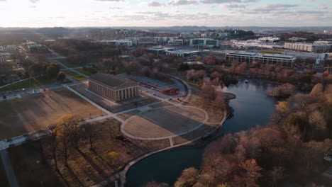 A-Drone-Shot-of-Centennial-Park-in-Nashville,-Tennessee-at-Golden-Hour
