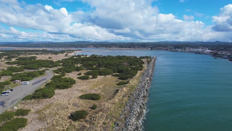 Stunning-4K-aerial-drone-shot-rising-above-Coquille-River-lighthouse