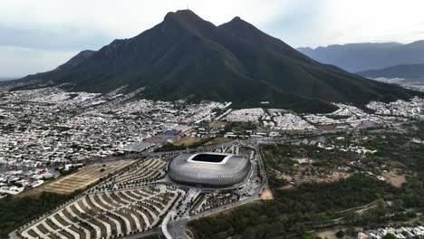 Aerial-view-around-the-BBVA-stadium,-daytime-in-Monterrey,-Mexico---circling,-drone-shot