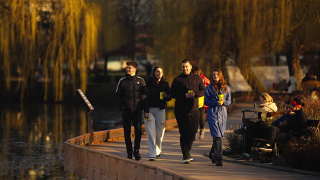 Group-of-friends-smiling-while-walking-calmly-in-a-park-at-sunset-time