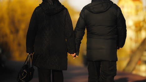 Slow-motion-shot-of-an-older-married-couple-holding-hands-as-they-walk-during-golden-hour